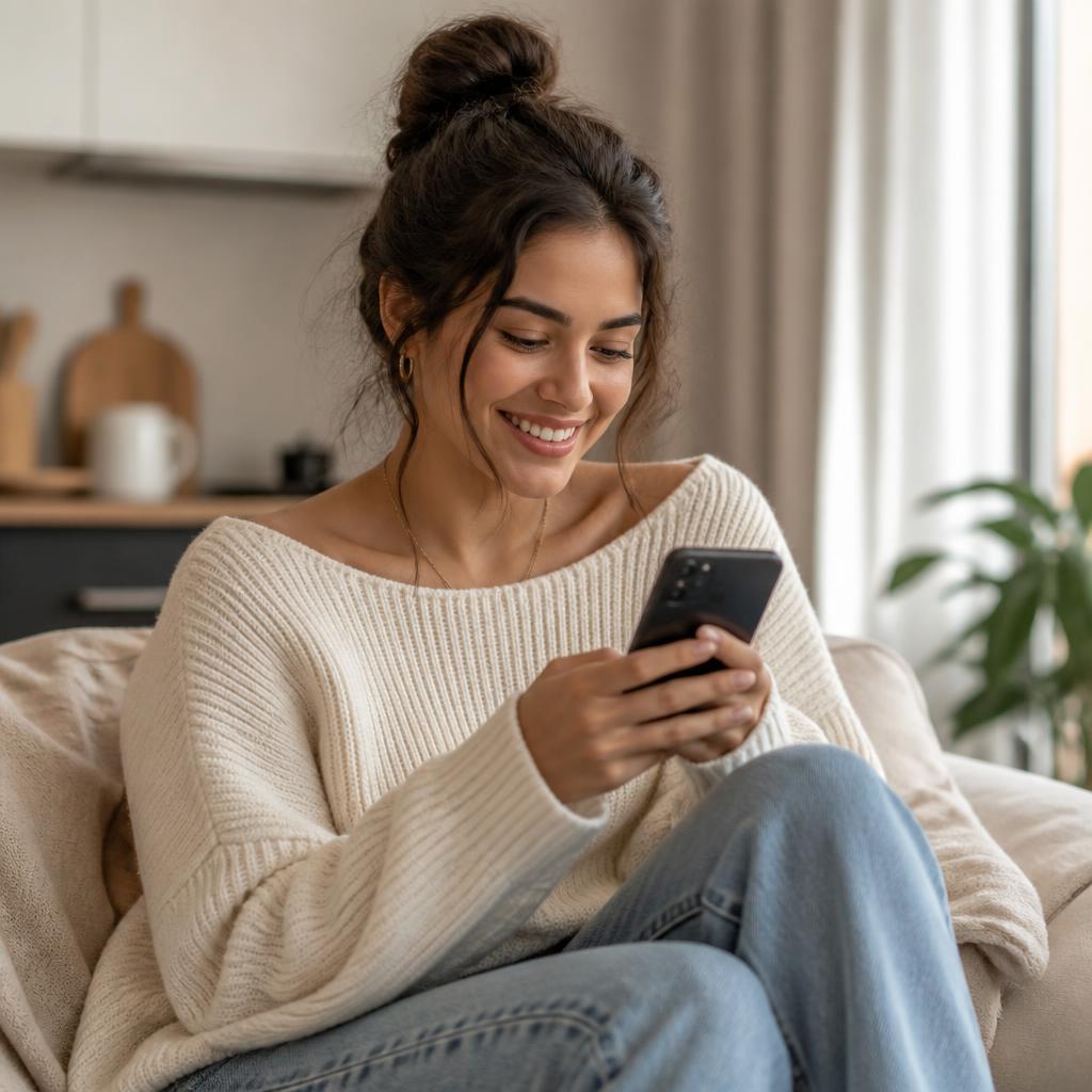 Jeune femme souriante en regardant une invitation sur son téléphone